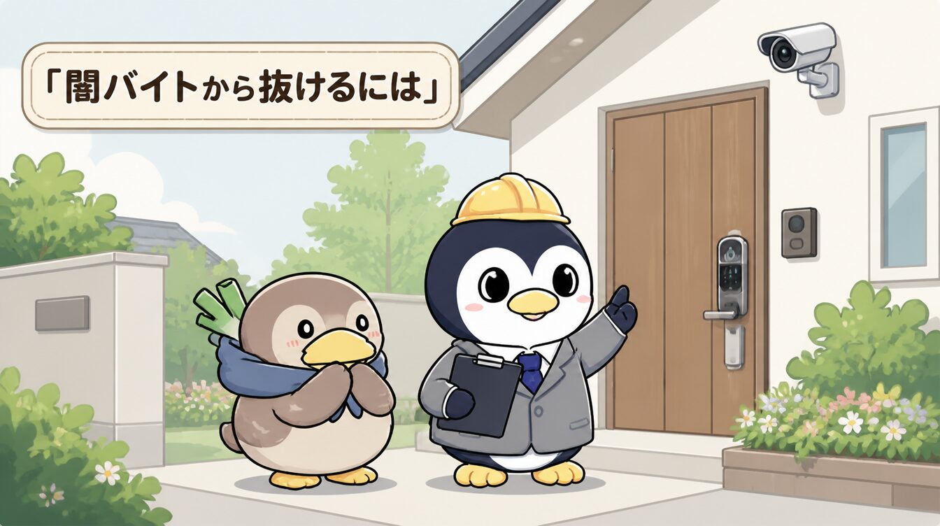 かも次郎とアンペンが「闇バイトから抜けるには」を解説するマスコットイラスト