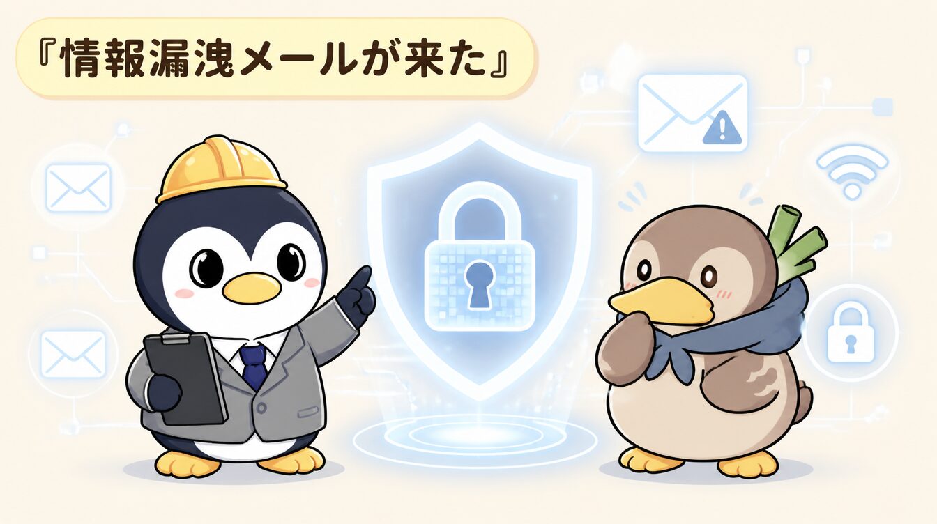 かも次郎とアンペンが「情報漏洩メールが来た」を解説するマスコットイラスト