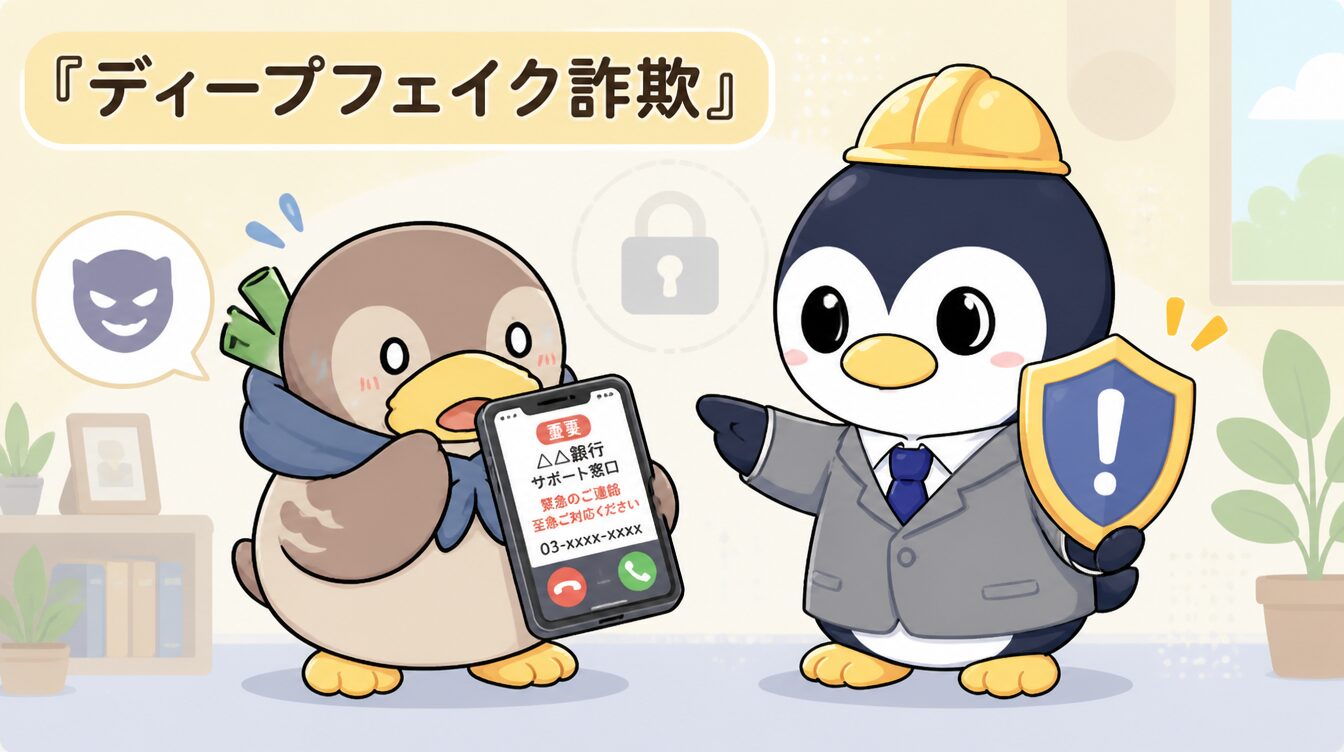 かも次郎とアンペンが「ディープフェイク詐欺」を解説するマスコットイラスト