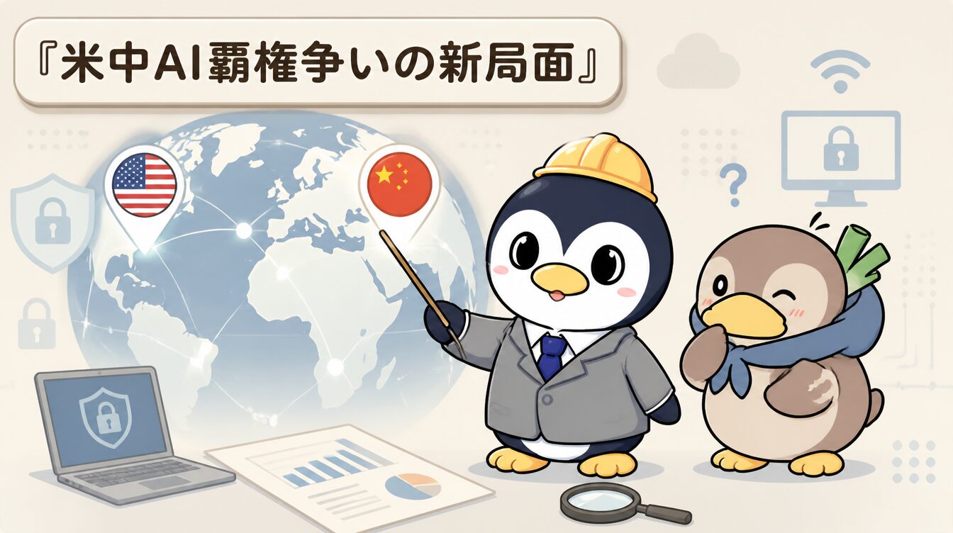 かも次郎とアンペンが「米中AI覇権争いの新局面」を解説するマスコットイラスト