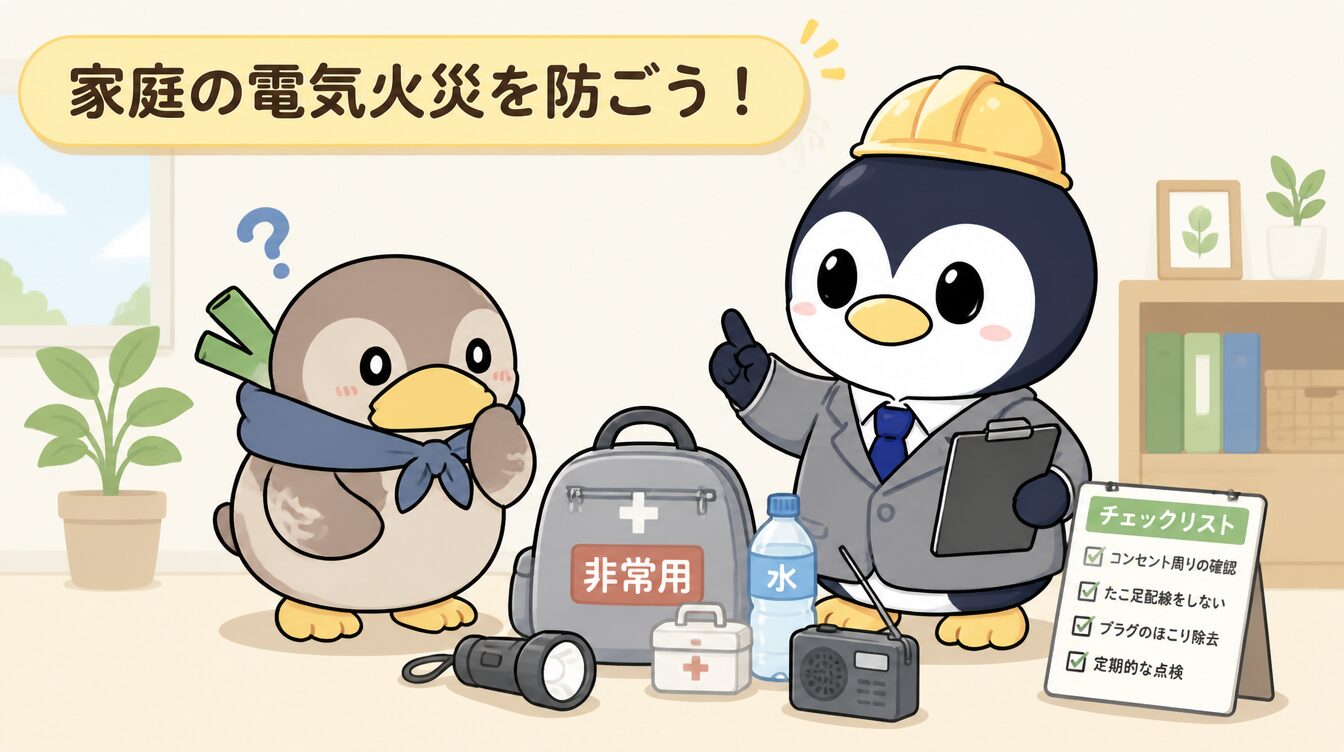 かも次郎とアンペンが「家庭の電気火災を防ごう！」を解説するマスコットイラスト
