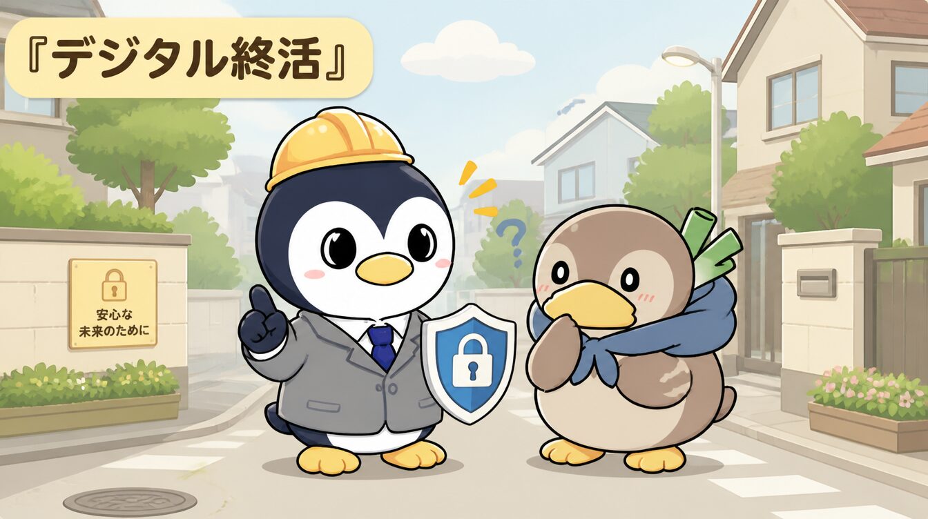 かも次郎とアンペンが「デジタル終活」を解説するマスコットイラスト