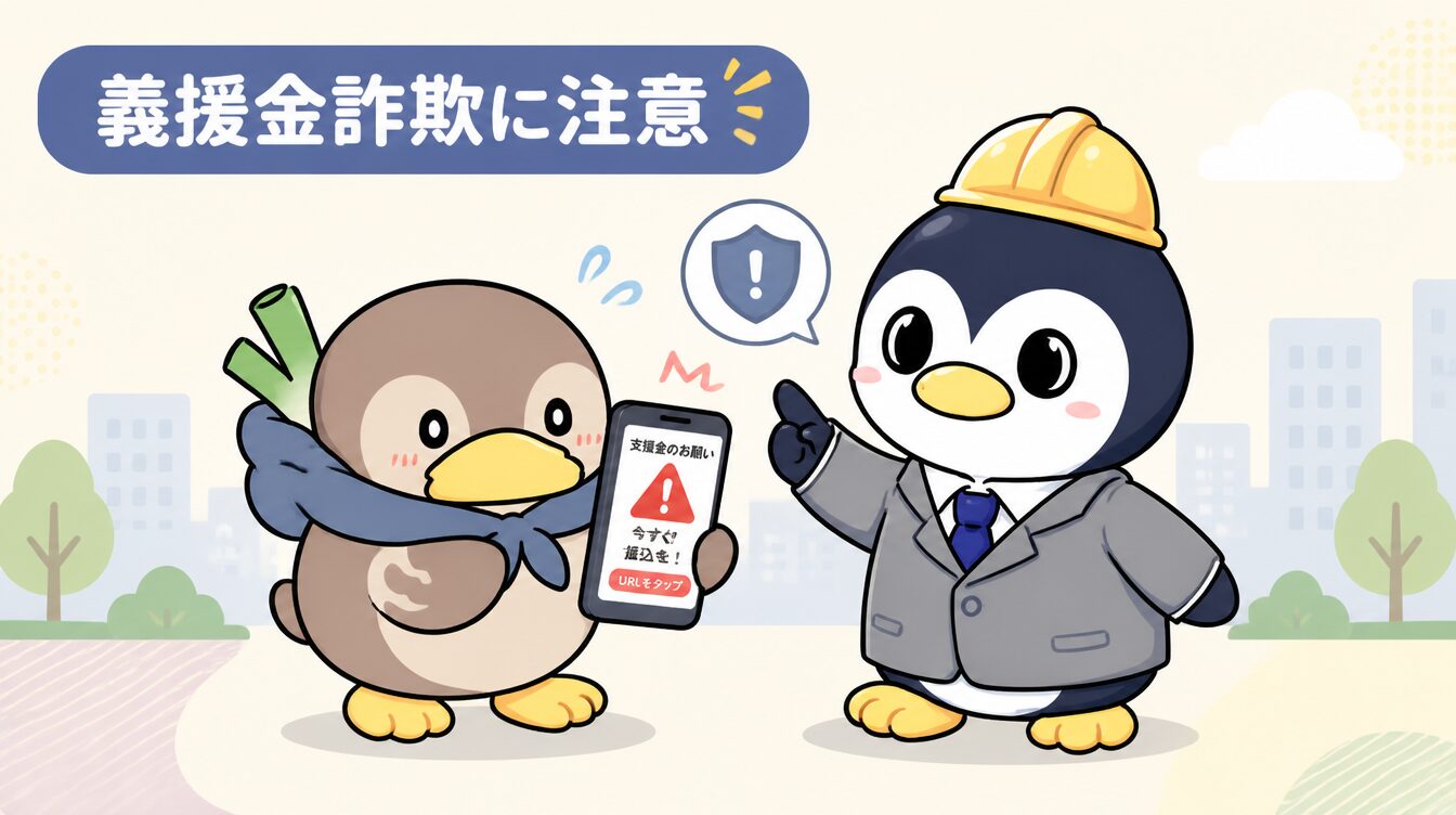 かも次郎とアンペンが「義援金詐欺に注意」を解説するマスコットイラスト