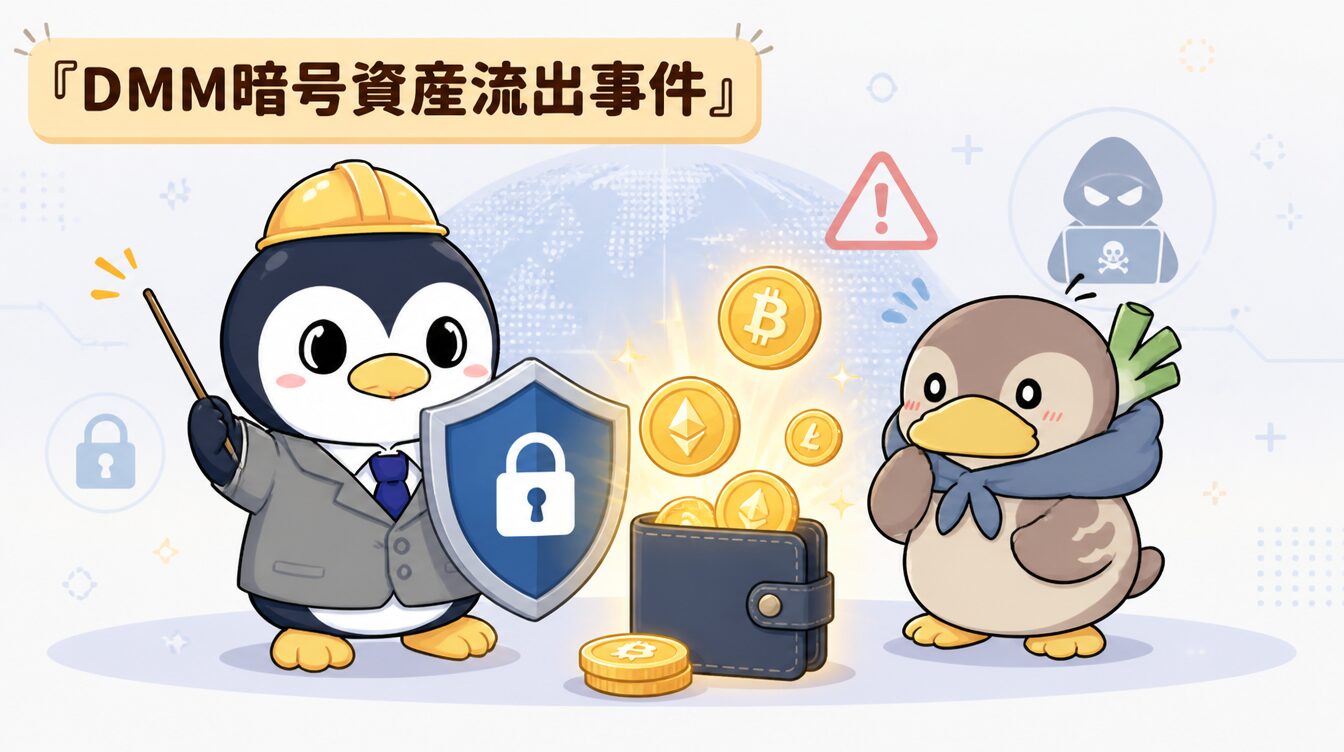 かも次郎とアンペンが「DMM暗号資産流出事件」を解説するマスコットイラスト