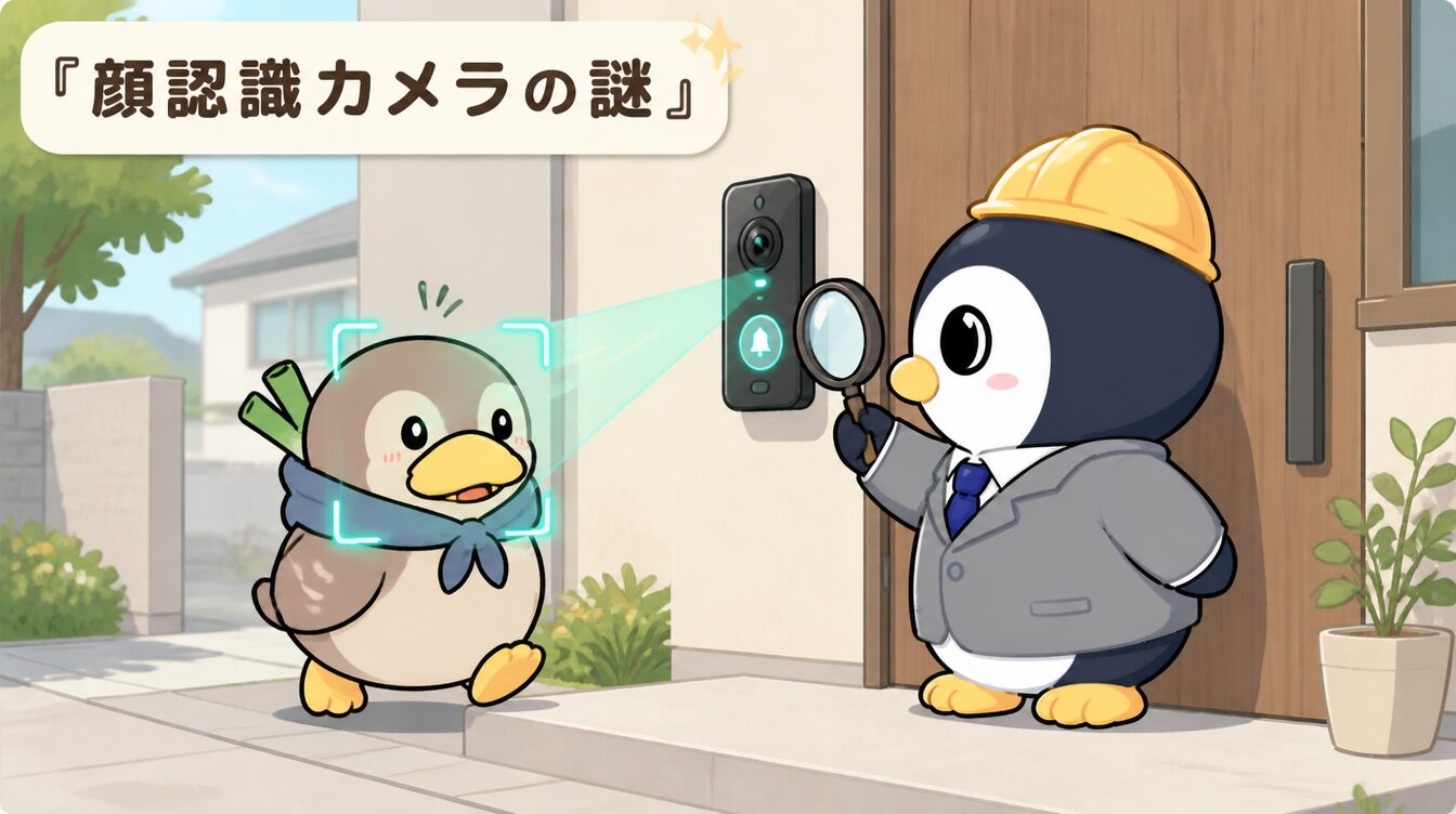 かも次郎とアンペンが「顔認識カメラの謎」を解説するマスコットイラスト