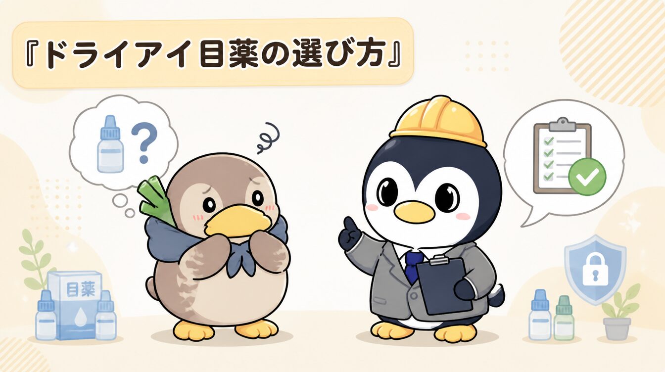 かも次郎とアンペンが「ドライアイ目薬の選び方」を解説するマスコットイラスト