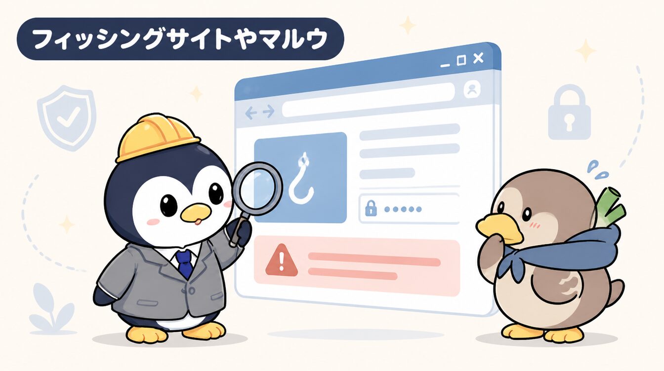 かも次郎とアンペンが「フィッシングサイトやマルウ」を解説するマスコットイラスト
