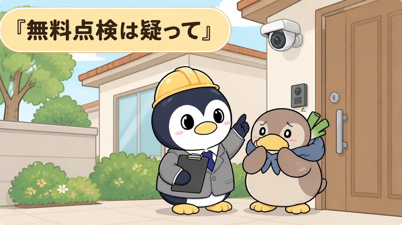 かも次郎とアンペンが「無料点検は疑って」を解説するマスコットイラスト