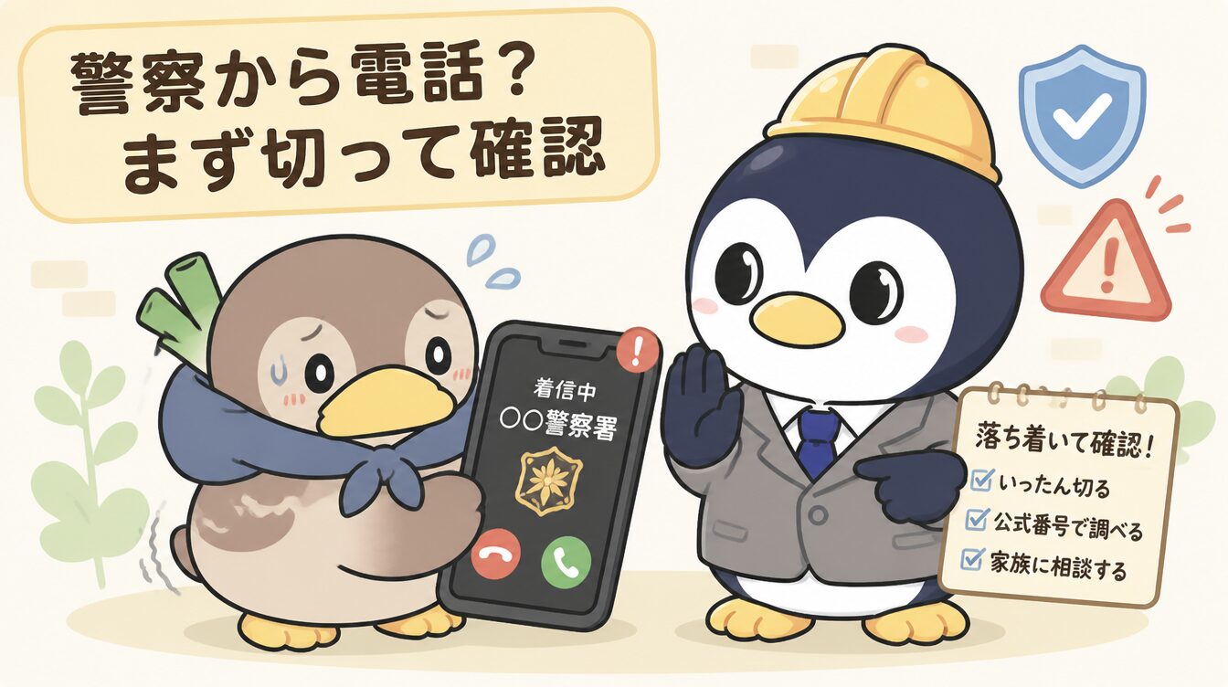 かも次郎が「警察署」を名乗る不審な着信に慌て、探偵役のアンペンが「まず切って確認」と止めるマスコットイラスト