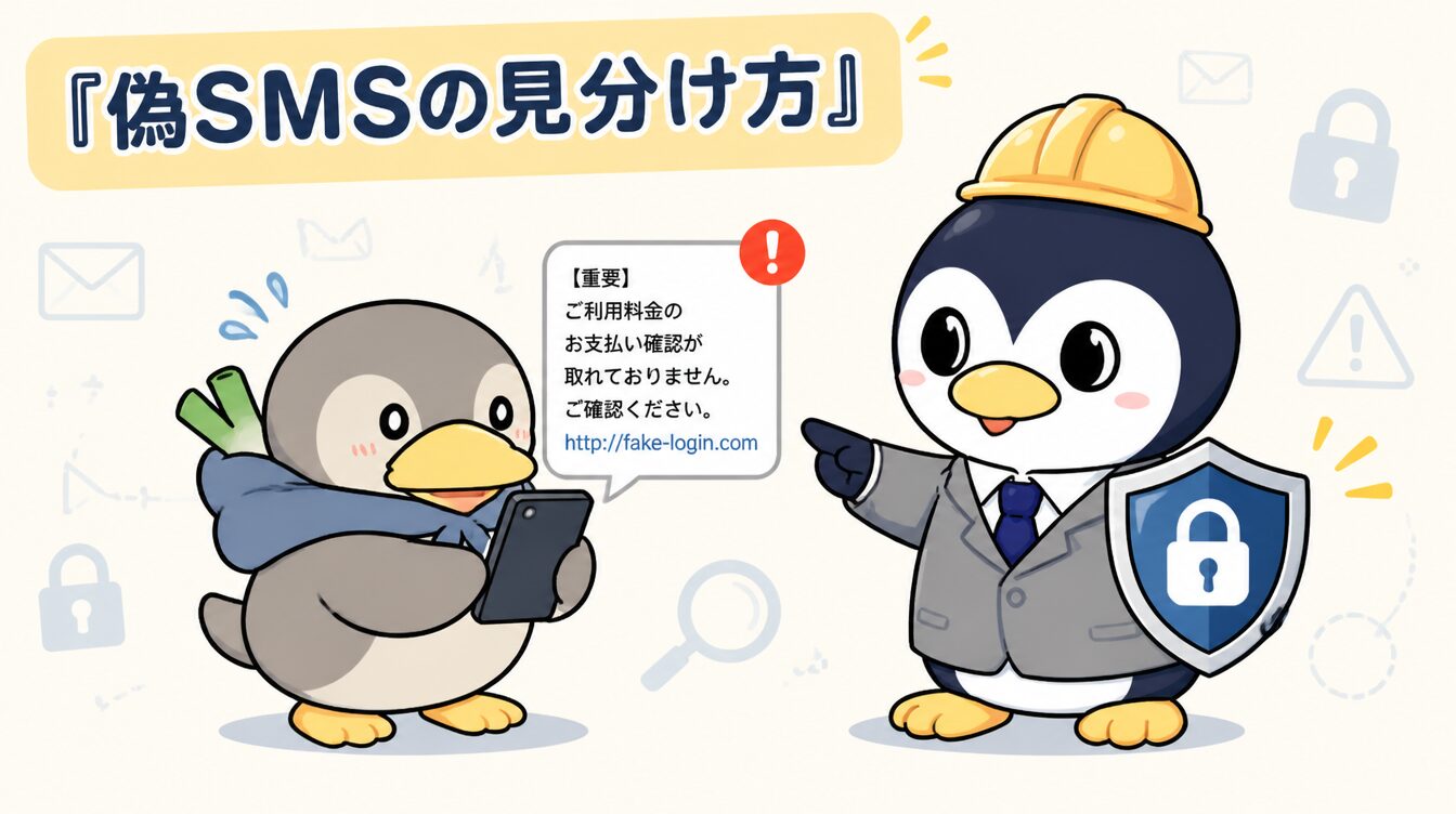 かも次郎とアンペンが「偽SMSの見分け方」を解説するマスコットイラスト