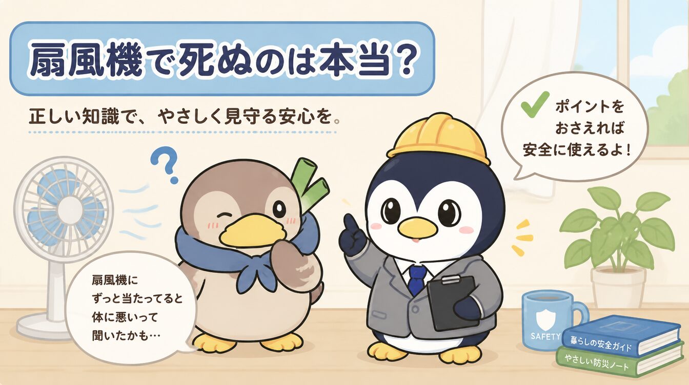 かも次郎とアンペンが「扇風機で死ぬのは本当？」を解説するマスコットイラスト
