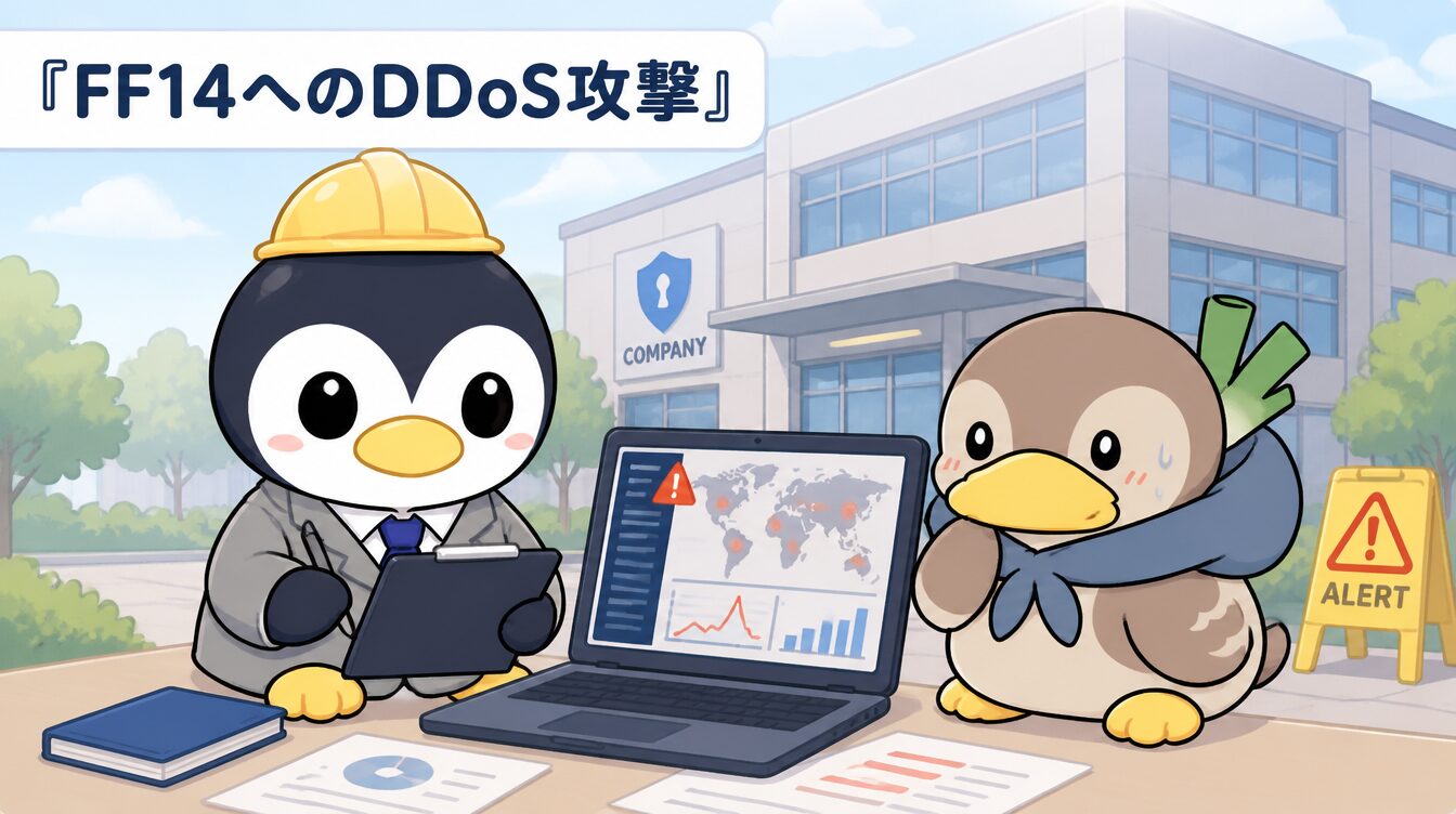 かも次郎とアンペンが「FF14へのDDoS攻撃」を解説するマスコットイラスト