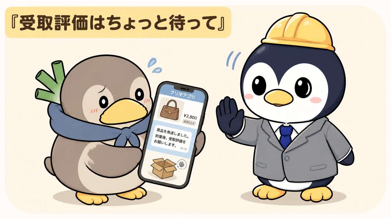 フリマアプリ詐欺の対処（受取評価をしない・アプリ外に出ない）を伝えるイラスト。スマホのフリマ画面を見て不安そうな茶色いカモと、待ったをかける探偵ペンギン