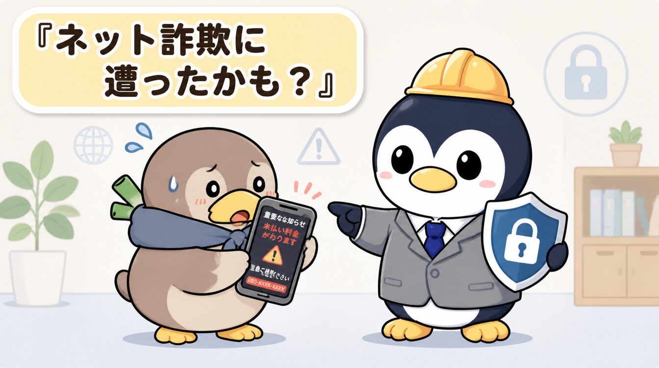 かも次郎とアンペンが「ネット詐欺に遭ったかも？」を解説するマスコットイラスト