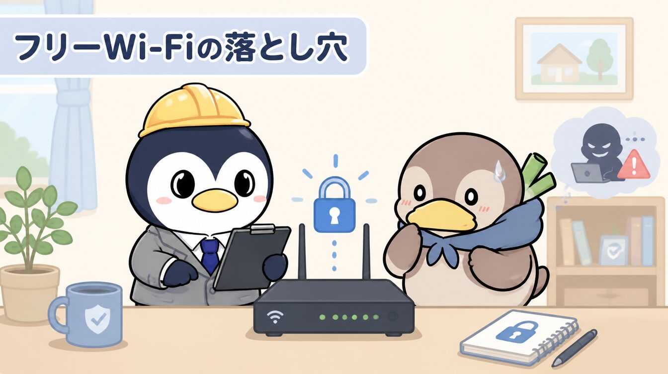 かも次郎とアンペンが「フリーWi-Fiの落とし穴」を解説するマスコットイラスト