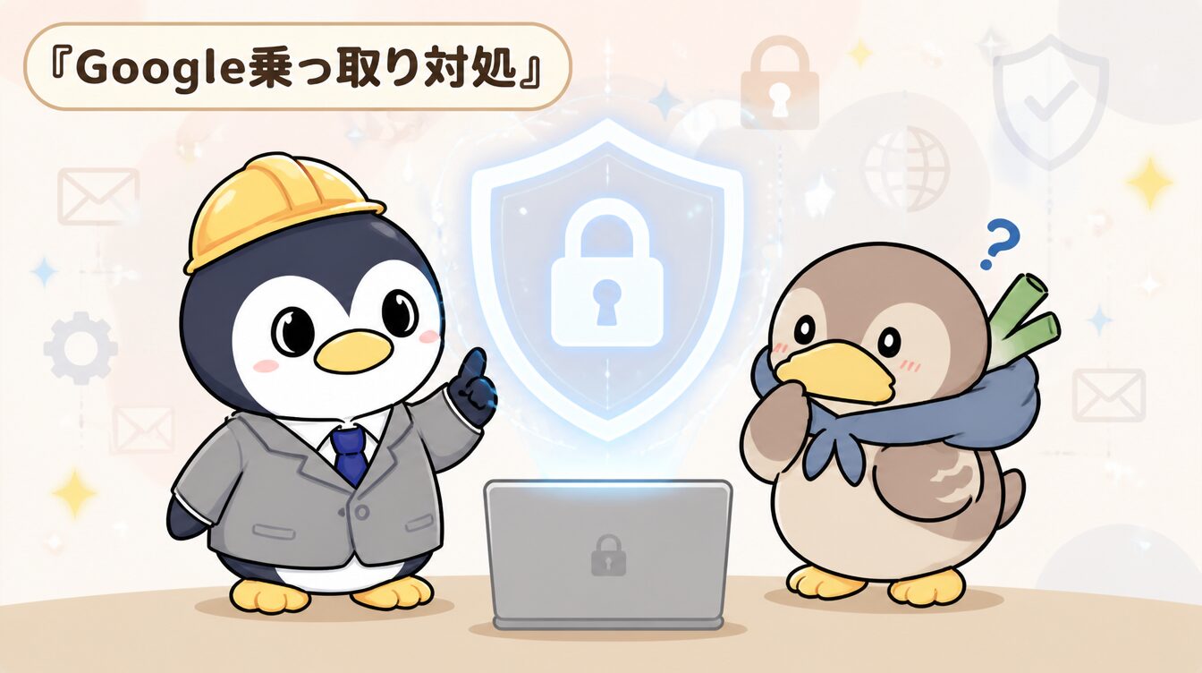 かも次郎とアンペンが「Google乗っ取り対処」を解説するマスコットイラスト