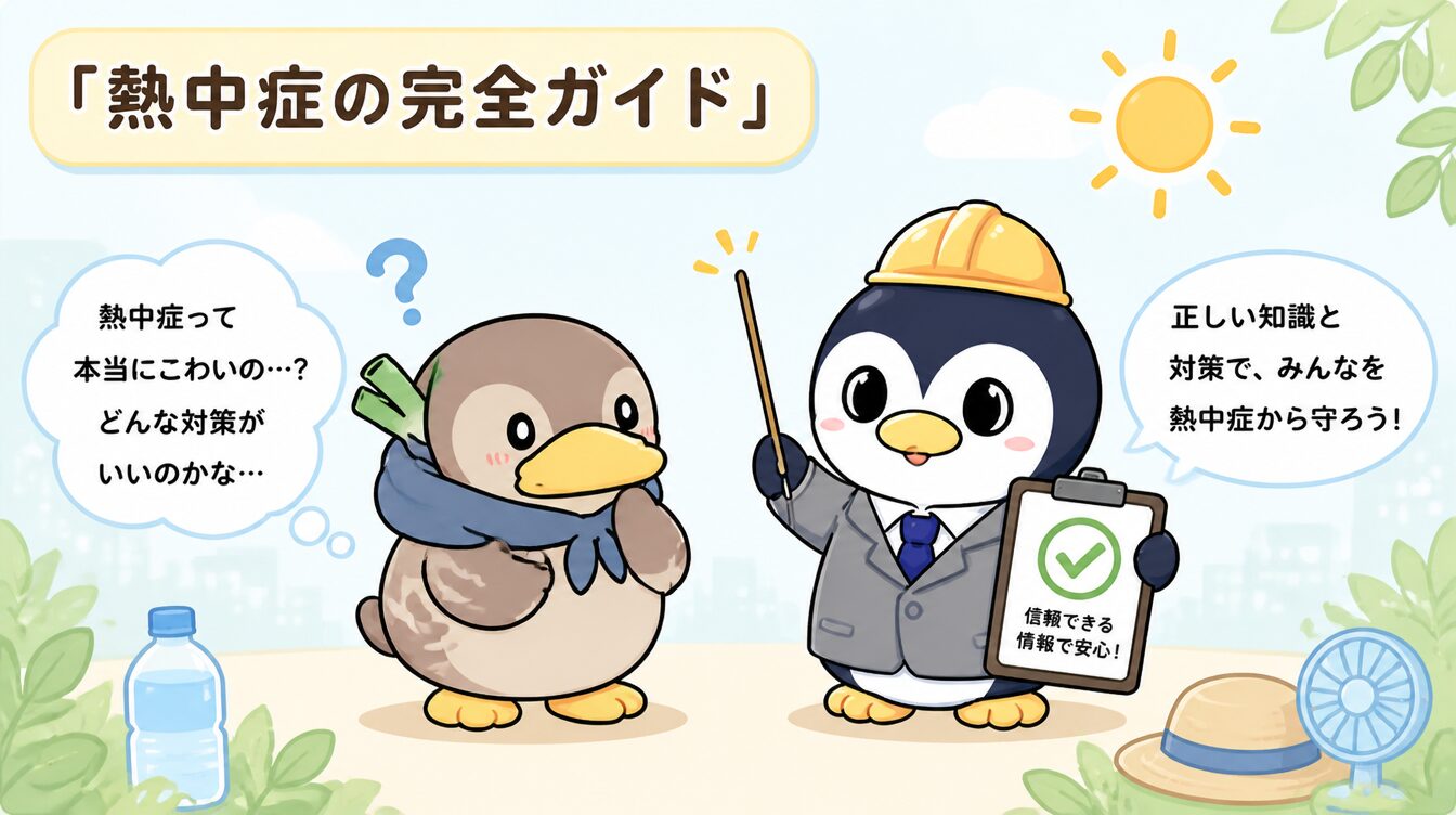 かも次郎とアンペンが「熱中症の完全ガイド」を解説するマスコットイラスト