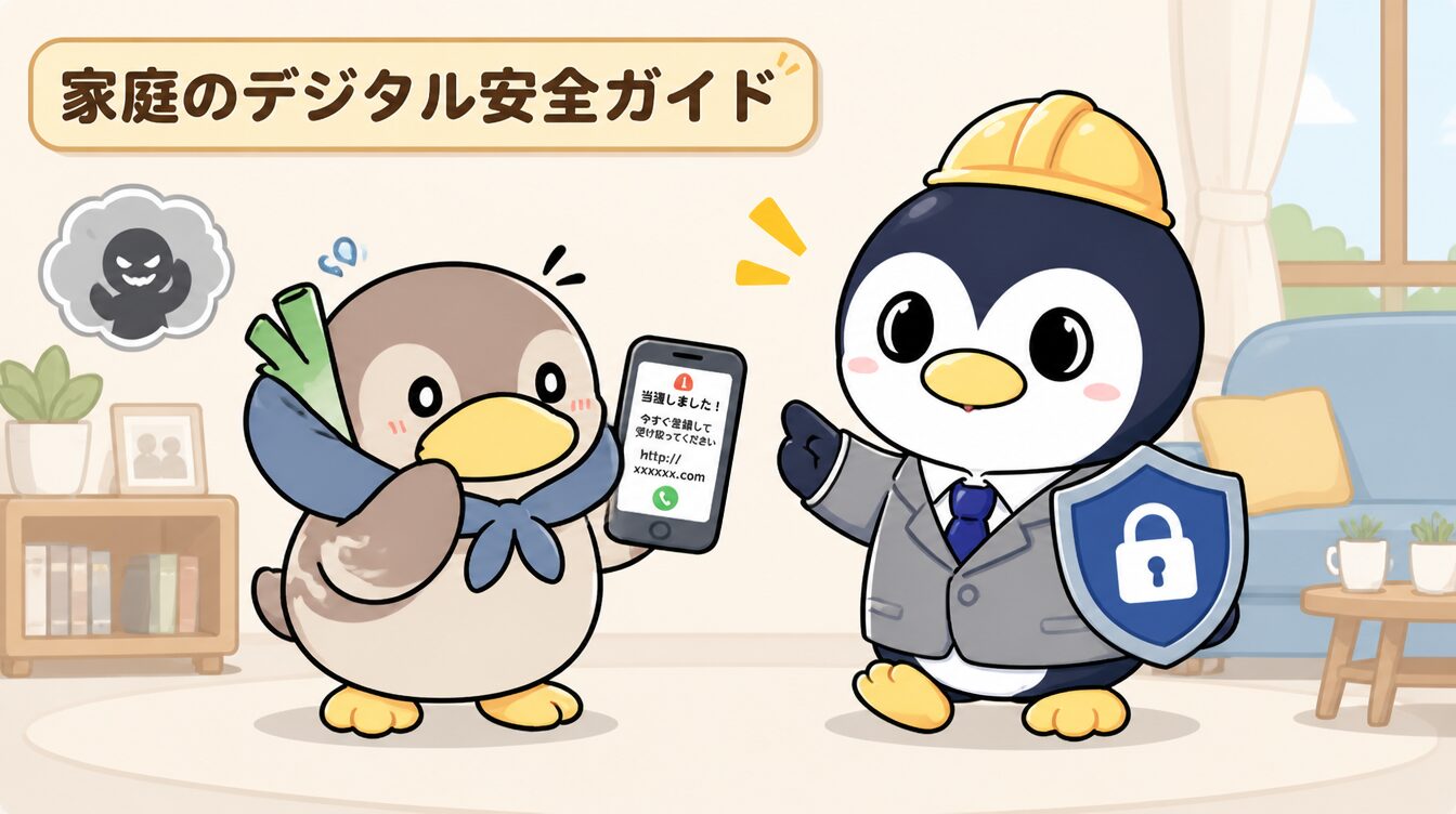 かも次郎とアンペンが「家庭のデジタル安全ガイド」を解説するマスコットイラスト