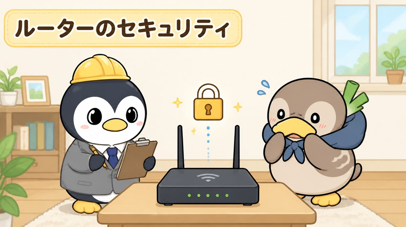 かも次郎とアンペンが「ルーターのセキュリティ」を解説するマスコットイラスト