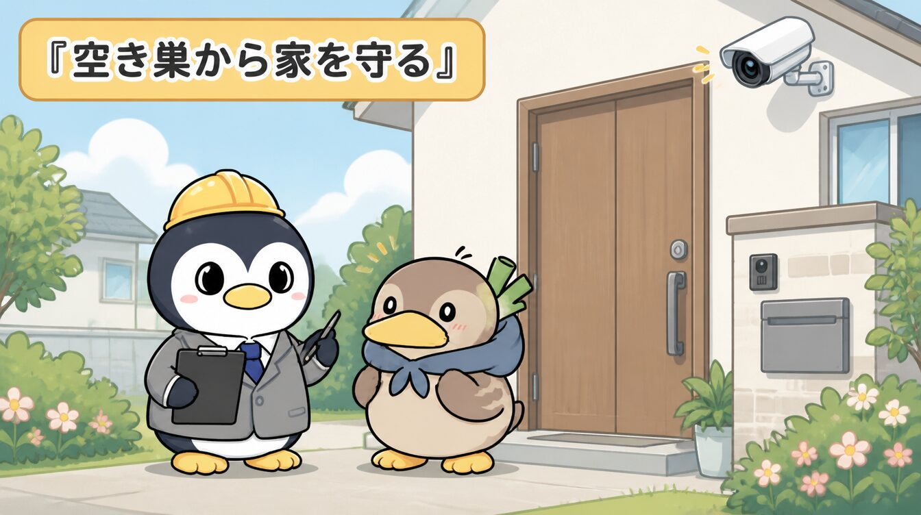 かも次郎とアンペンが「空き巣から家を守る」を解説するマスコットイラスト