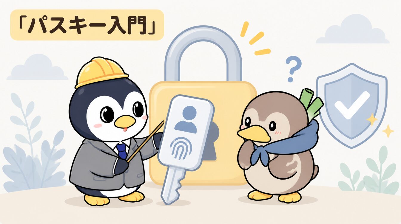 かも次郎とアンペンが「パスキー入門」を解説するマスコットイラスト