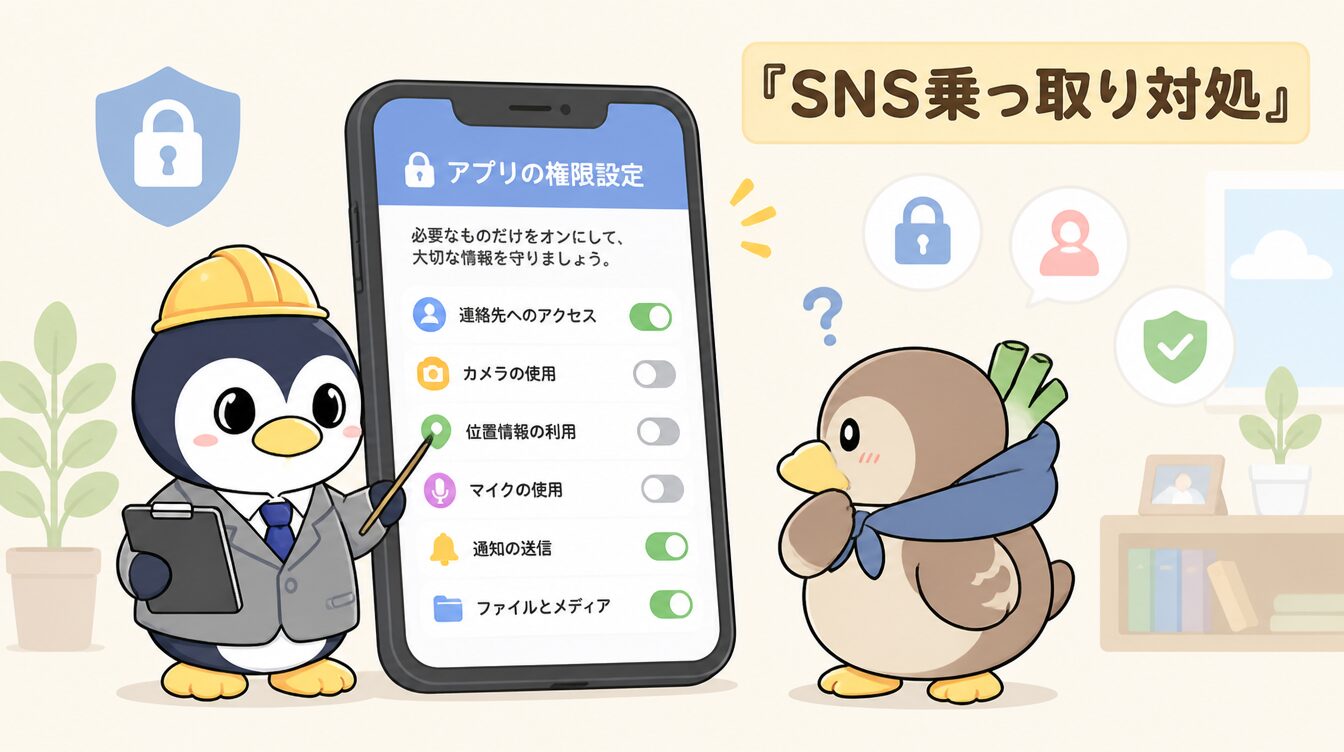 かも次郎とアンペンが「SNS乗っ取り対処」を解説するマスコットイラスト