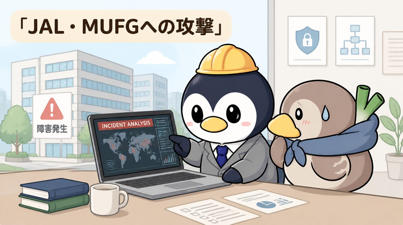 かも次郎とアンペンが「JAL・MUFGへの攻撃」を解説するマスコットイラスト