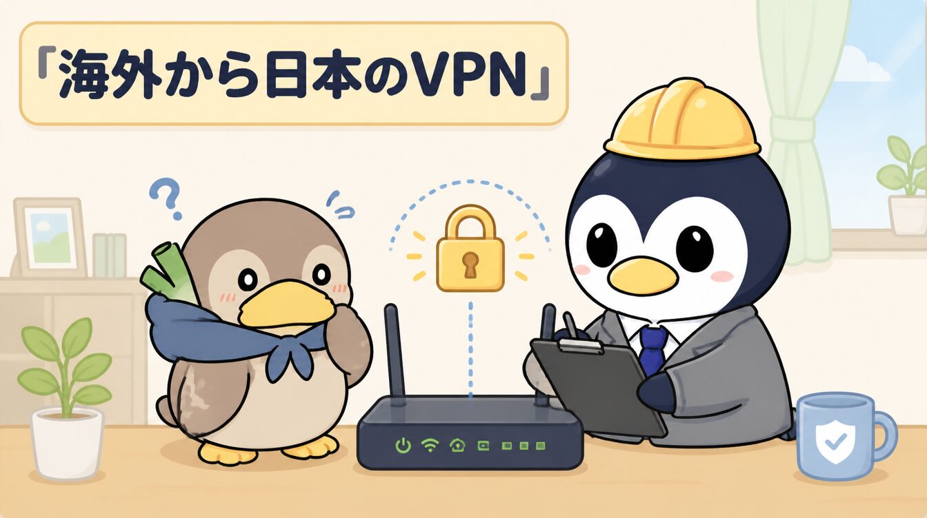 かも次郎とアンペンが「海外から日本のVPN」を解説するマスコットイラスト