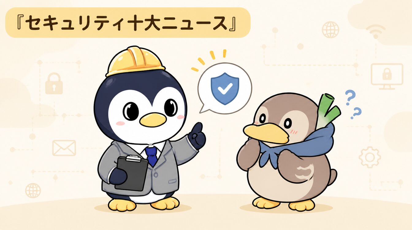 かも次郎とアンペンが「セキュリティ十大ニュース」を解説するマスコットイラスト