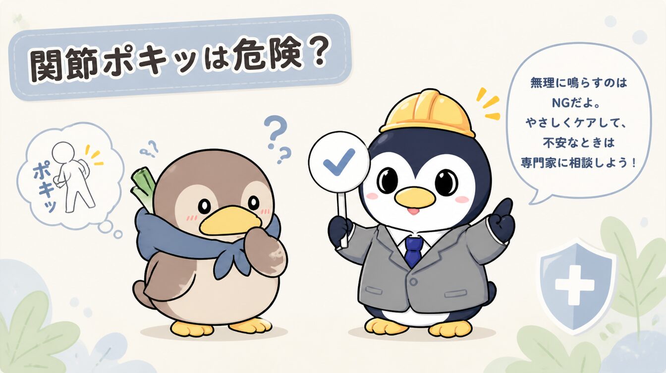 かも次郎とアンペンが「関節ポキッは危険？」を解説するマスコットイラスト