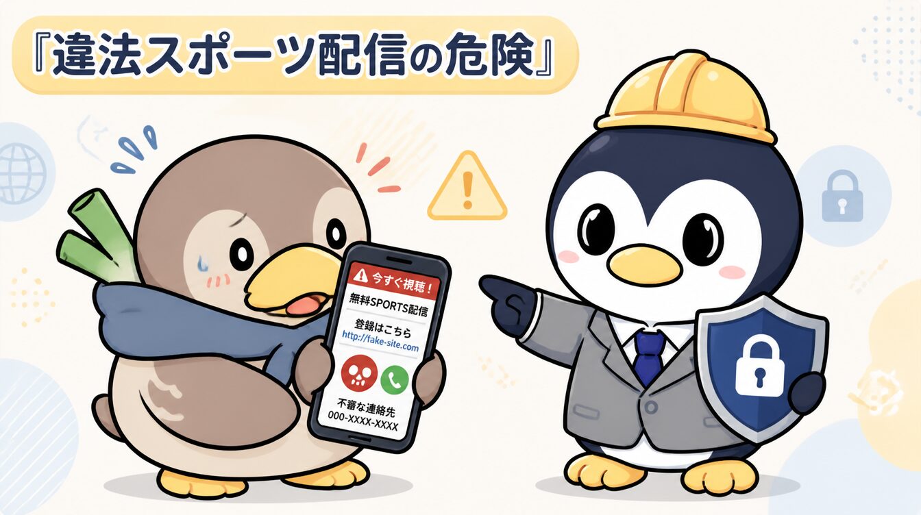 かも次郎とアンペンが「違法スポーツ配信の危険」を解説するマスコットイラスト