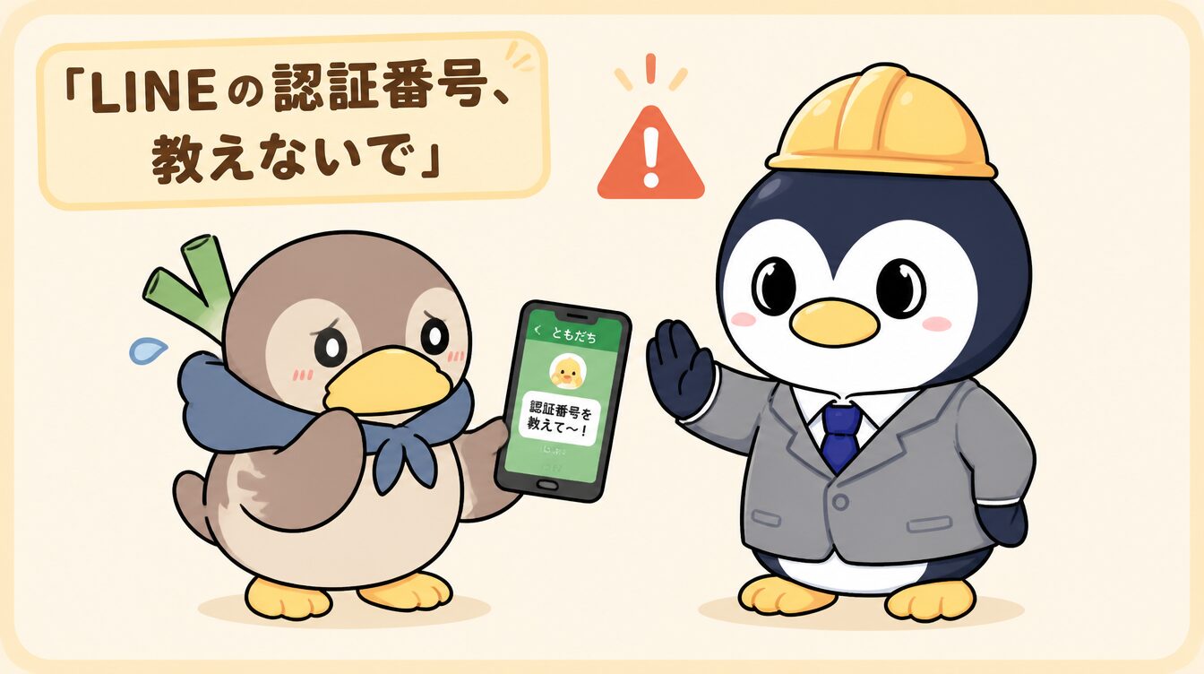 かも次郎がLINE風チャットで「認証番号を教えて」と求められたスマホを持ち、探偵役のアンペンが「教えないで」と制止するマスコットイラスト