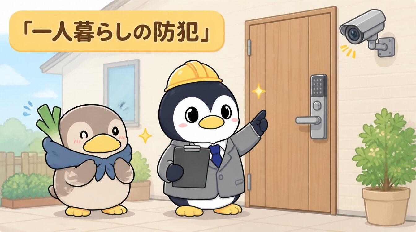かも次郎とアンペンが「一人暮らしの防犯」を解説するマスコットイラスト