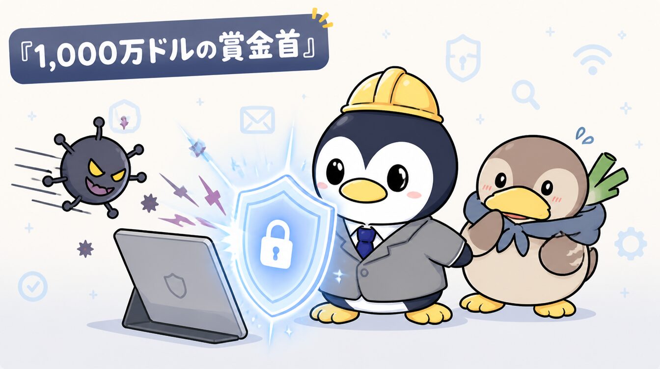 かも次郎とアンペンが「1,000万ドルの賞金首」を解説するマスコットイラスト