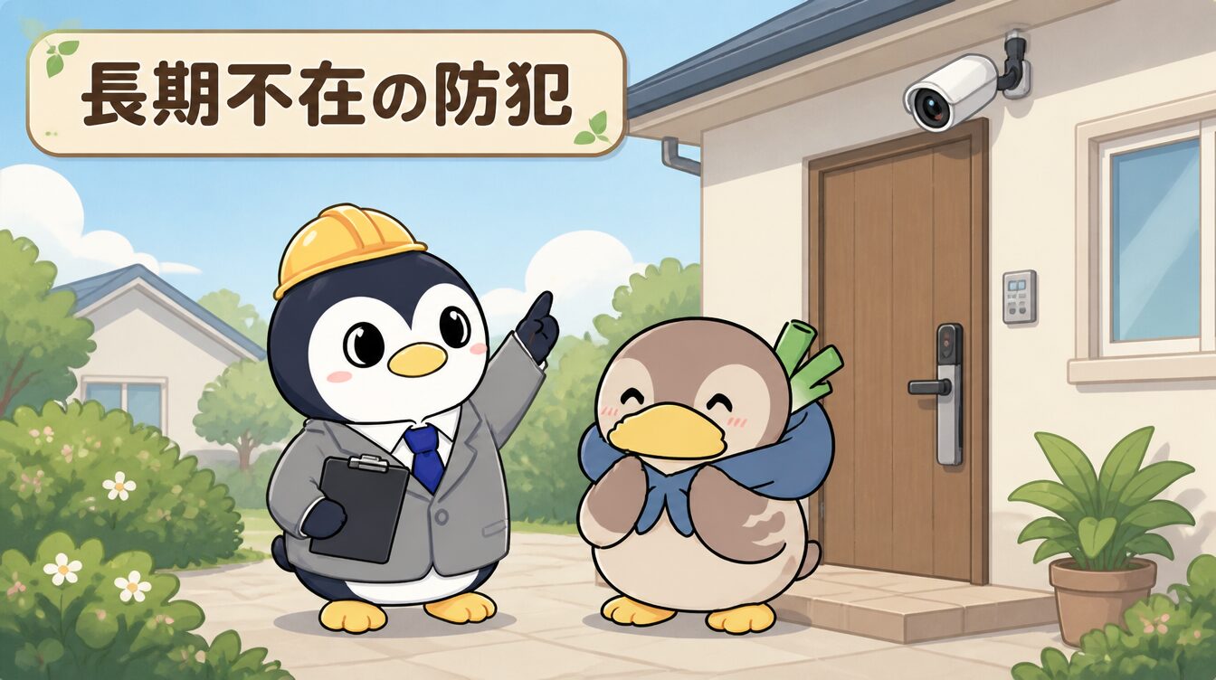かも次郎とアンペンが「長期不在の防犯」を解説するマスコットイラスト
