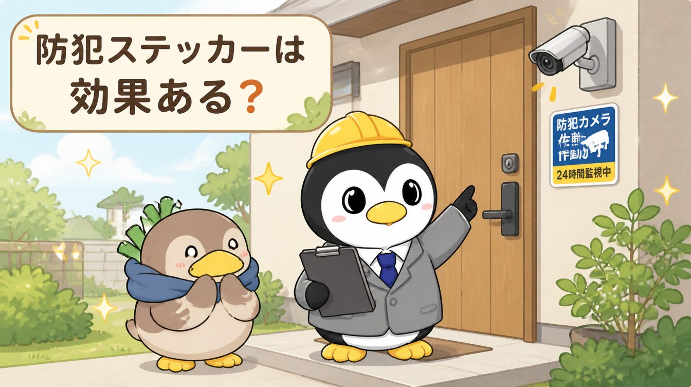 かも次郎とアンペンが「防犯ステッカーは効果ある？」を解説するマスコットイラスト