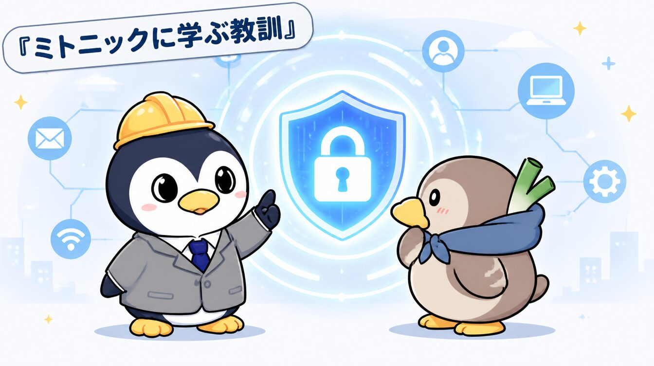 かも次郎とアンペンが「ミトニックに学ぶ教訓」を解説するマスコットイラスト