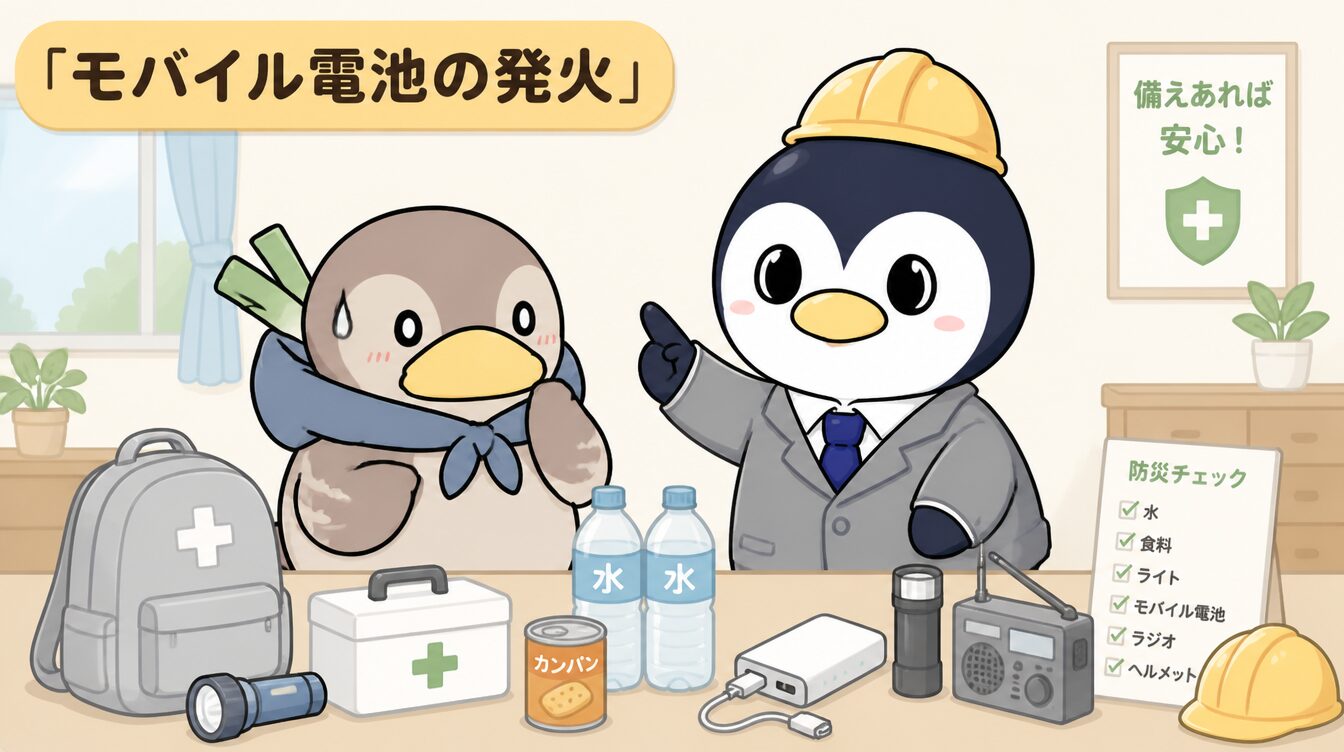 かも次郎とアンペンが「モバイル電池の発火」を解説するマスコットイラスト