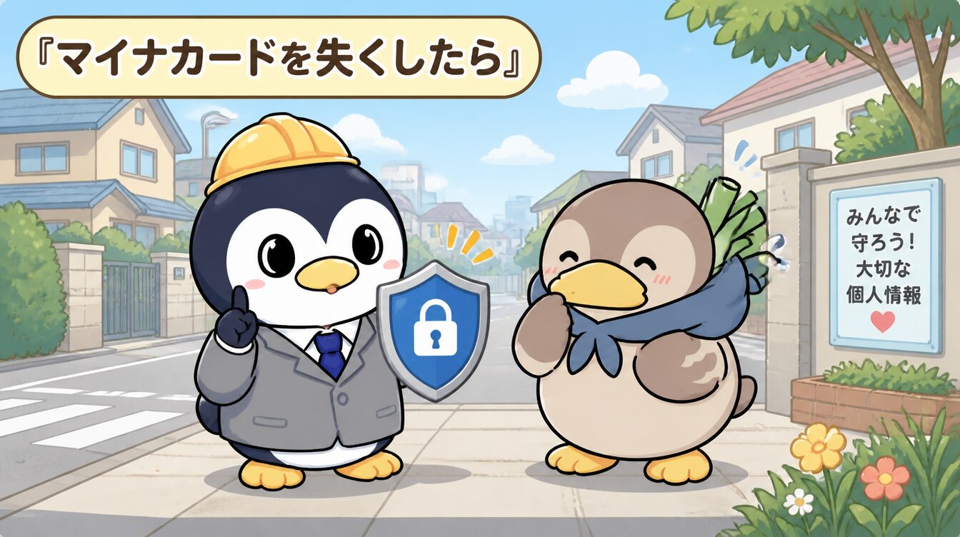 かも次郎とアンペンが「マイナカードを失くしたら」を解説するマスコットイラスト