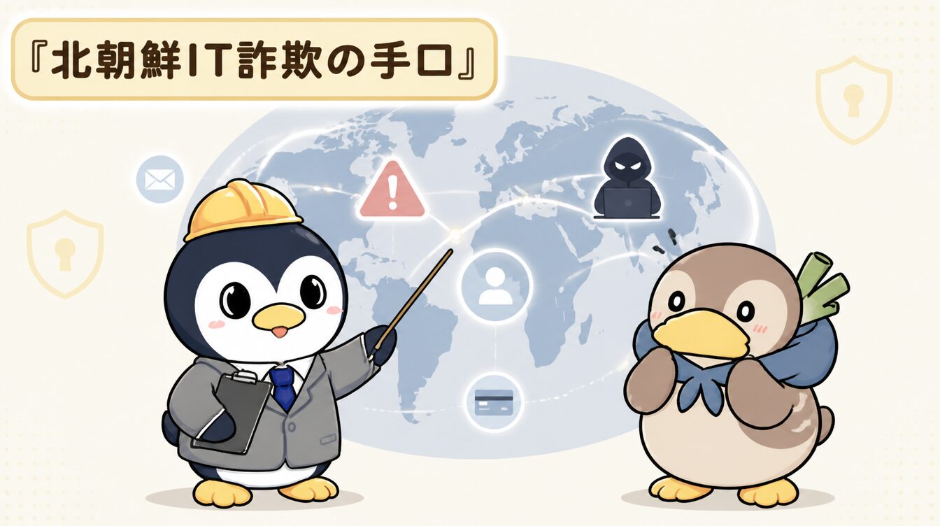 かも次郎とアンペンが「北朝鮮IT詐欺の手口」を解説するマスコットイラスト
