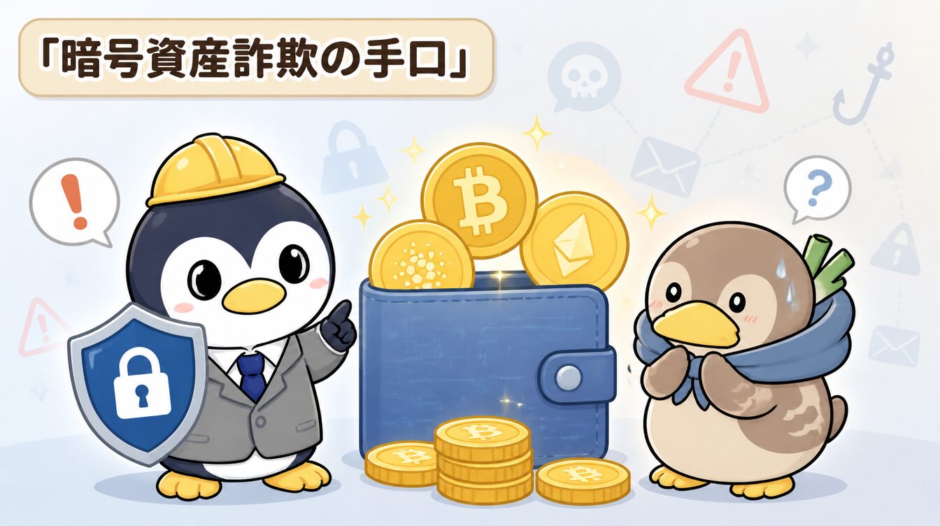 かも次郎とアンペンが「暗号資産詐欺の手口」を解説するマスコットイラスト