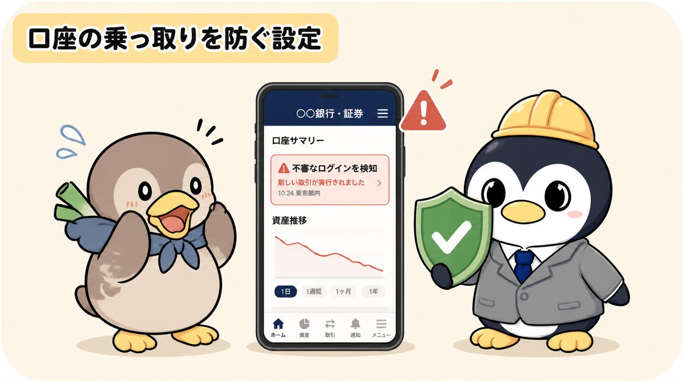 銀行・証券アプリに不審なログイン/取引の警告が出て、かも次郎が驚き、探偵役のアンペンがチェックマーク付きの盾（設定で守る）を示すマスコットイラスト