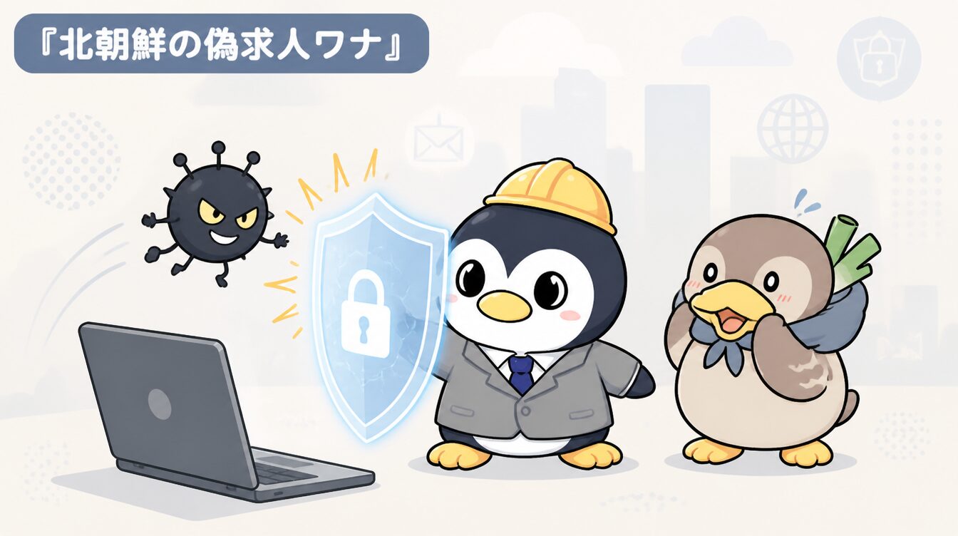 かも次郎とアンペンが「北朝鮮の偽求人ワナ」を解説するマスコットイラスト