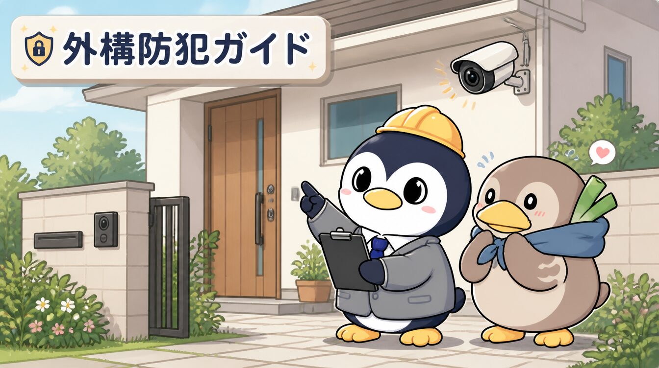 かも次郎とアンペンが「外構防犯ガイド」を解説するマスコットイラスト