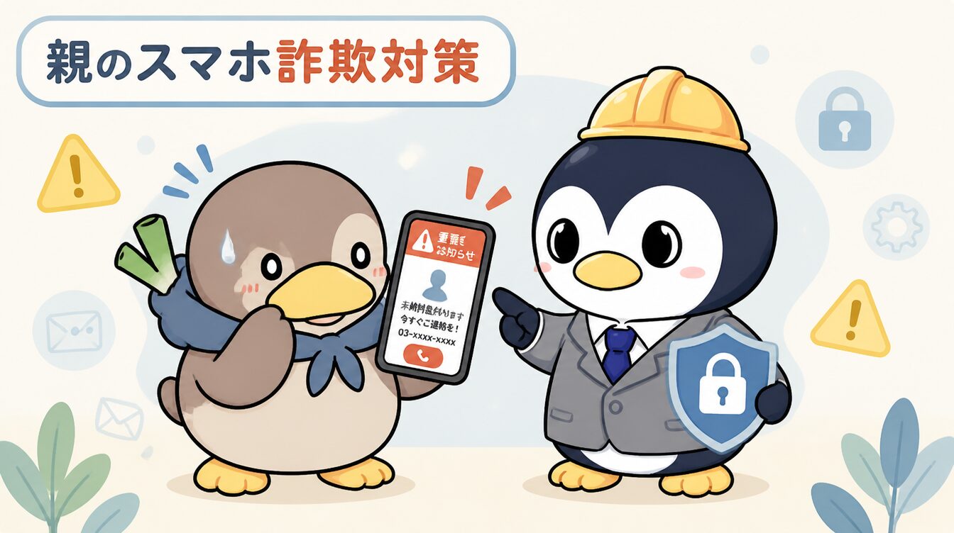かも次郎とアンペンが「親のスマホ詐欺対策」を解説するマスコットイラスト
