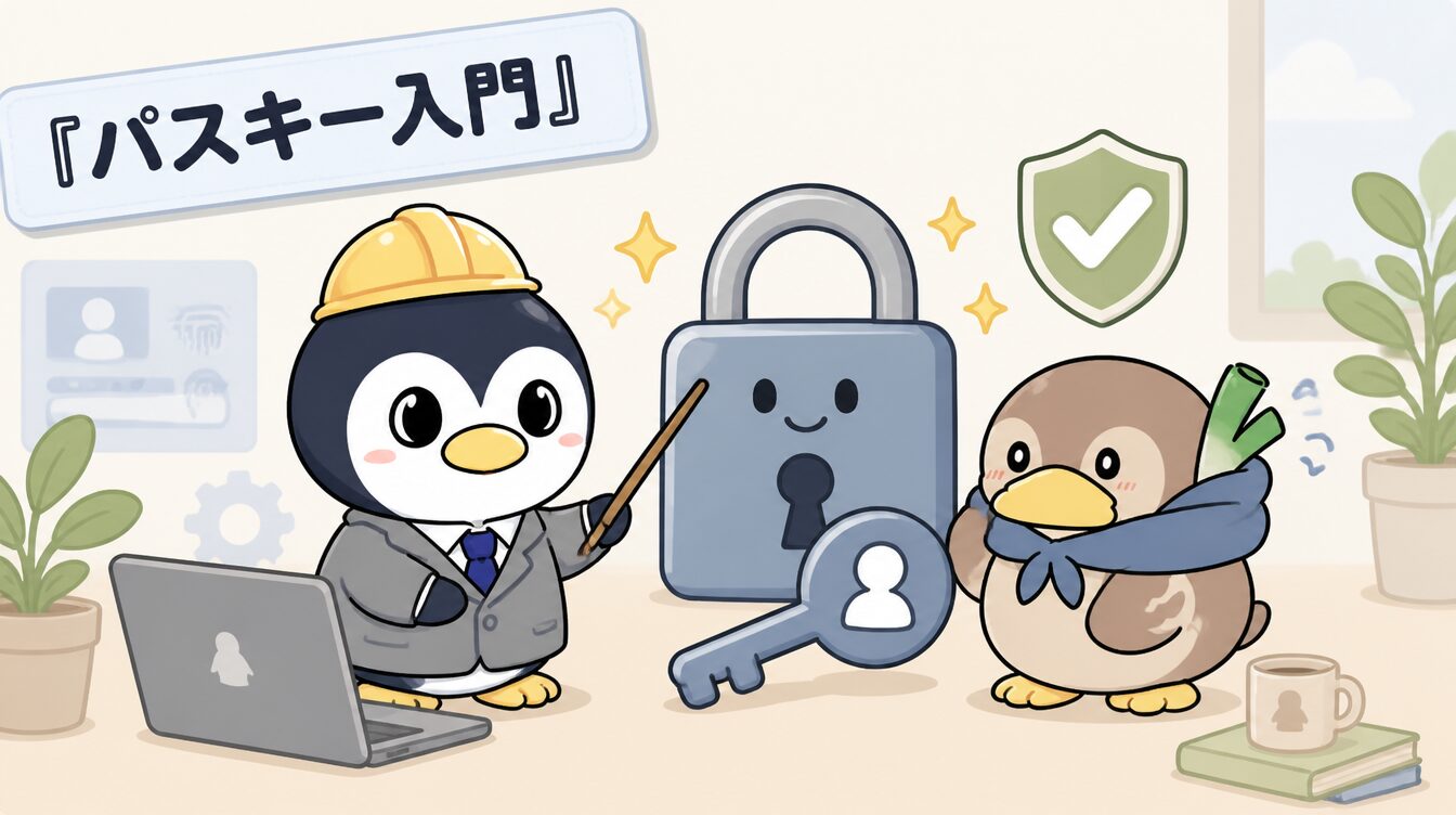 かも次郎とアンペンが「パスキー入門」を解説するマスコットイラスト