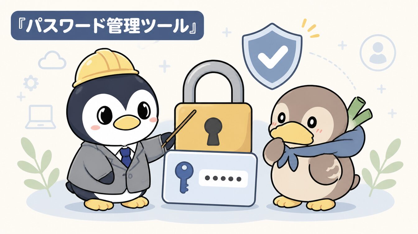 かも次郎とアンペンが「パスワード管理ツール」を解説するマスコットイラスト
