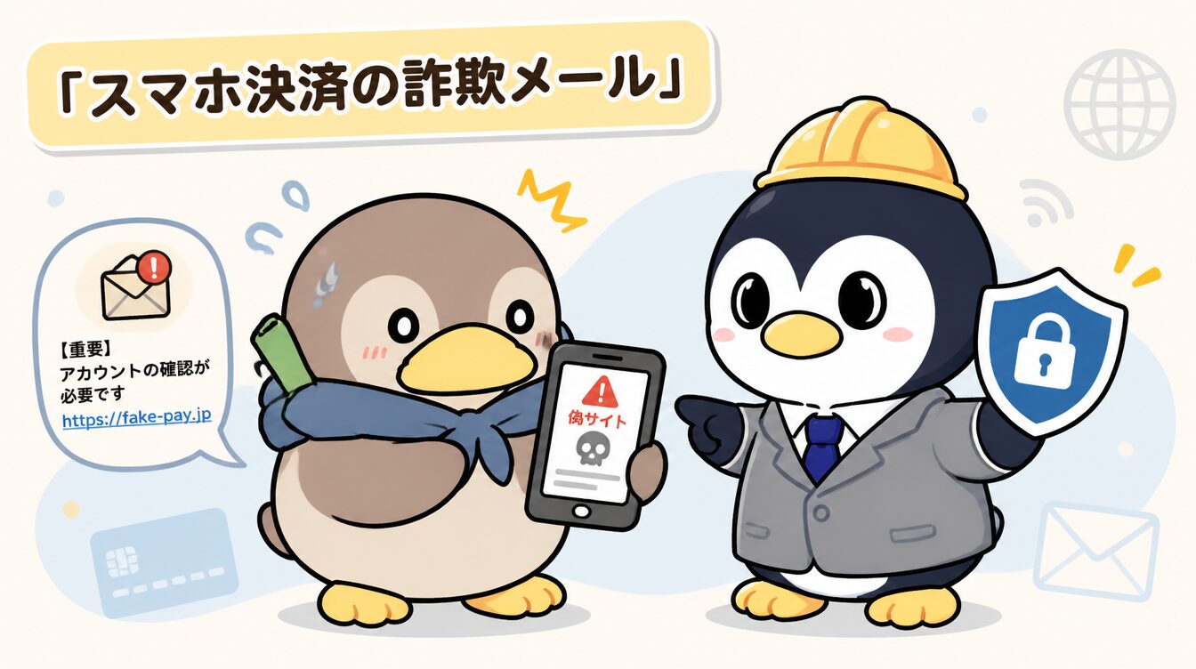 かも次郎とアンペンが「スマホ決済の詐欺メール」を解説するマスコットイラスト