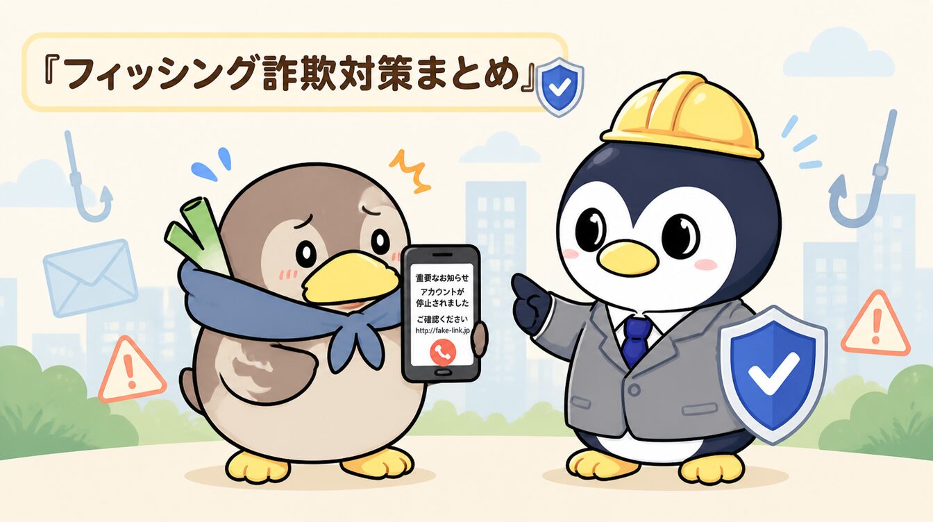 かも次郎とアンペンが「フィッシング詐欺対策まとめ」を解説するマスコットイラスト