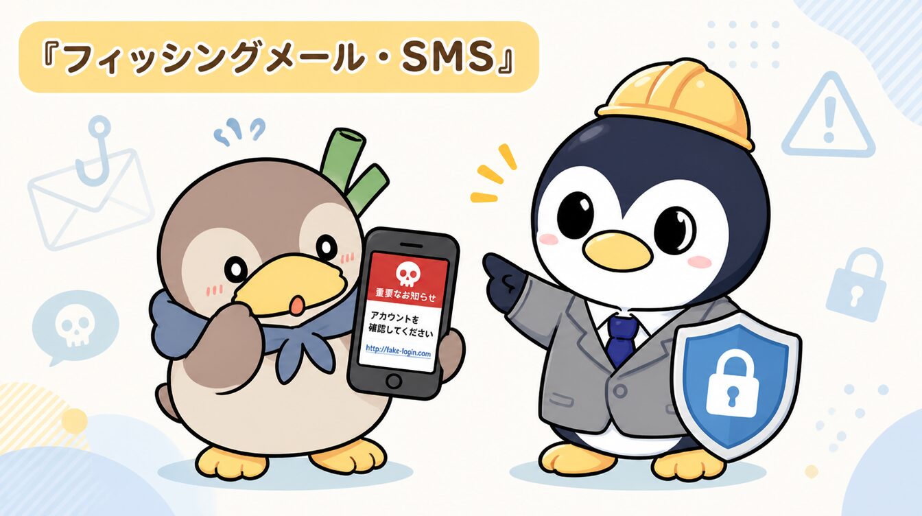 かも次郎とアンペンが「フィッシングメール・SMS」を解説するマスコットイラスト